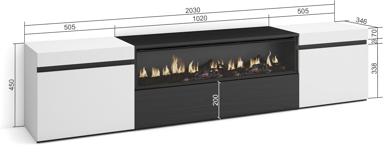 Skraut Home | Meuble TV | Banc Télé | Grand Espace de Rangement | 200x45x35cm | pour Les TV jusqu'à 80 | Cheminée électrique | Style Moderne | Blanc et Noir – Image 5