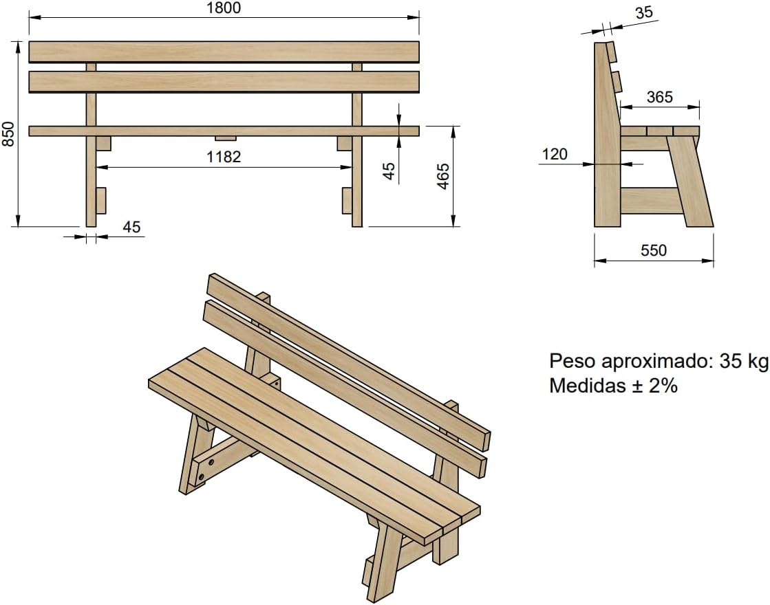 MASGAMES Banc avec dossier VIC Bois traité pour l'extérieur Autoclave Niveau IV 180 cm de long – Image 3