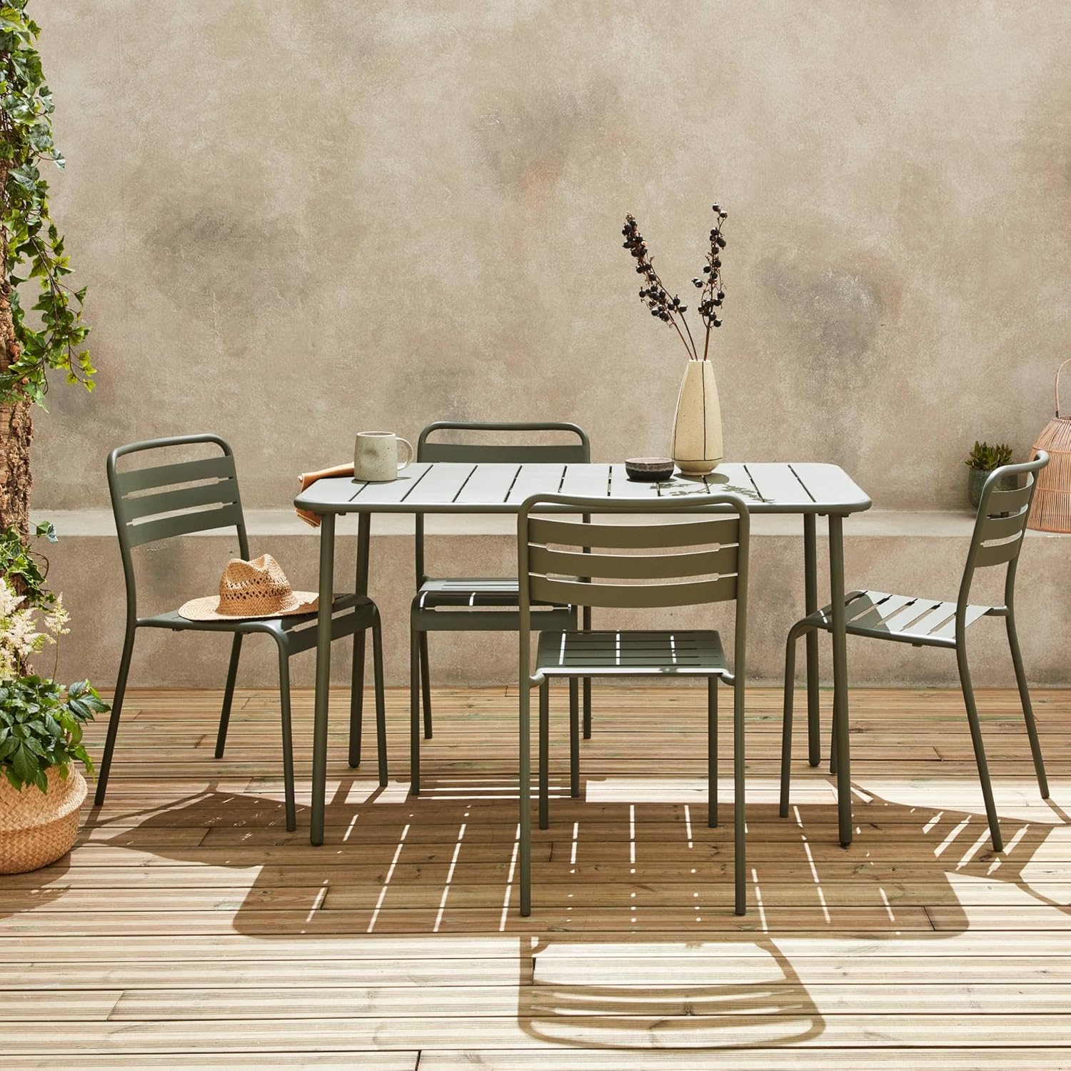 sweeek - Table de Jardin métal + 4 assises Anthracite en Kaki. Amelia. 120x70xH72.5cm – Image 2