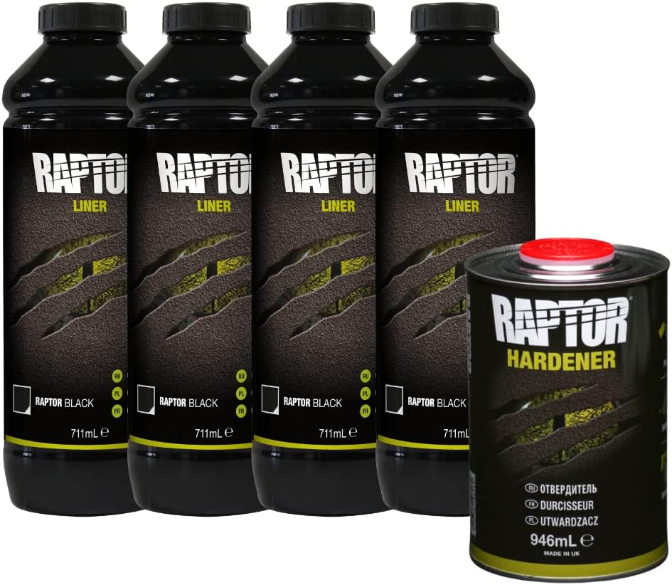 RAPTOR kit de revêtement de protection - 4 bouteilles de 3,79 litres (incluant le durcisseur), noir, avec le pistolet professionnel RAPTOR à buse réglable – Image 2