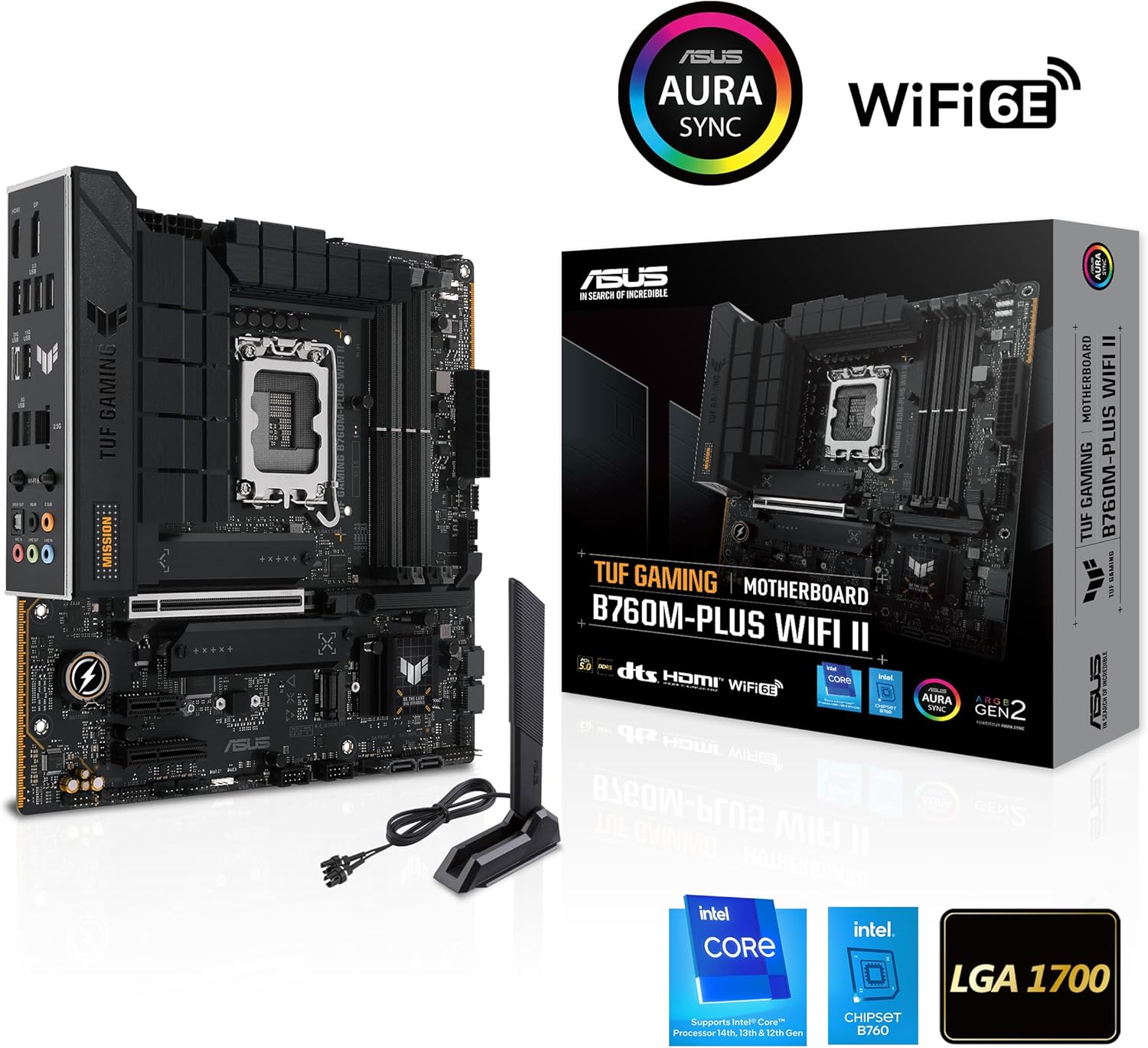 TUF Gaming B760M-PLUS WiFi II Carte mèreB760 LGA 1700 mATX (PCIe 5.0, M.2, DDR5, WiFi 6E, Antenne Q, Realtek 2,5 Go Ethernet, DP, HDMI, SATA 6 Gbps, USB Type-C, Thunderbolt 4, Aura Sync) – Image 2