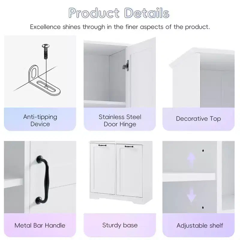 Bathroom Storage Cabinet with Doors and Drawers Tilt-Out Laundry Hamper Multiple Storage Space Freestanding Style – Image 12