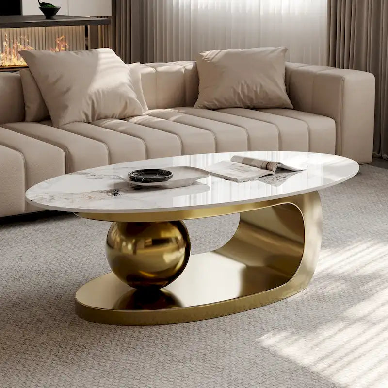 51 Modern Pandora Oval Coffee Table with Glossy Sintered stone top, Luxury Coffee Table, Stainless Steel Legs for Livingroom – Image 9