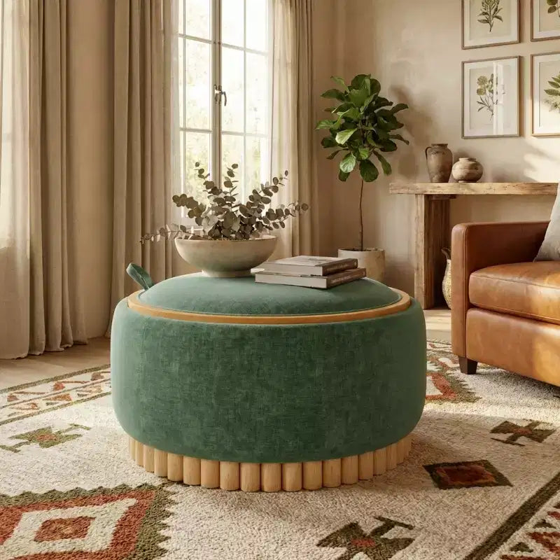 Polibi Round Storage Ottoman with Solid Wood Cylinder Base & Reversible Lid – Image 11