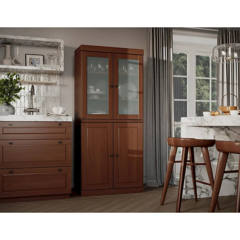 100% Solid Wood Pantry Cabinet with Frosted Glass Doors, Solid Doors, 2-Drawers and Adjustable Shelves – Image 24