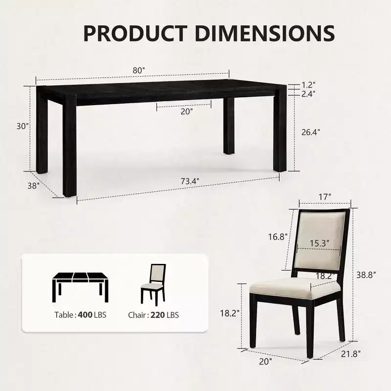 Modern Dining Set - 80 Table + 6 Cushioned Chairs, Solid Wood Frame, 400lbs Table Capacity, Easy Assembly – Image 27