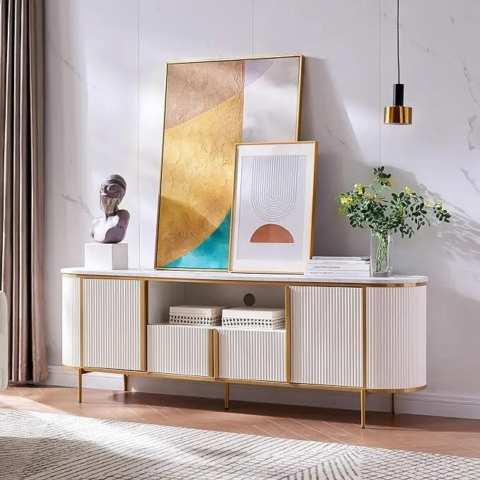 Modern Luxury TV Stand, Entertainment Cente, with Faux Marble Top – Image 4