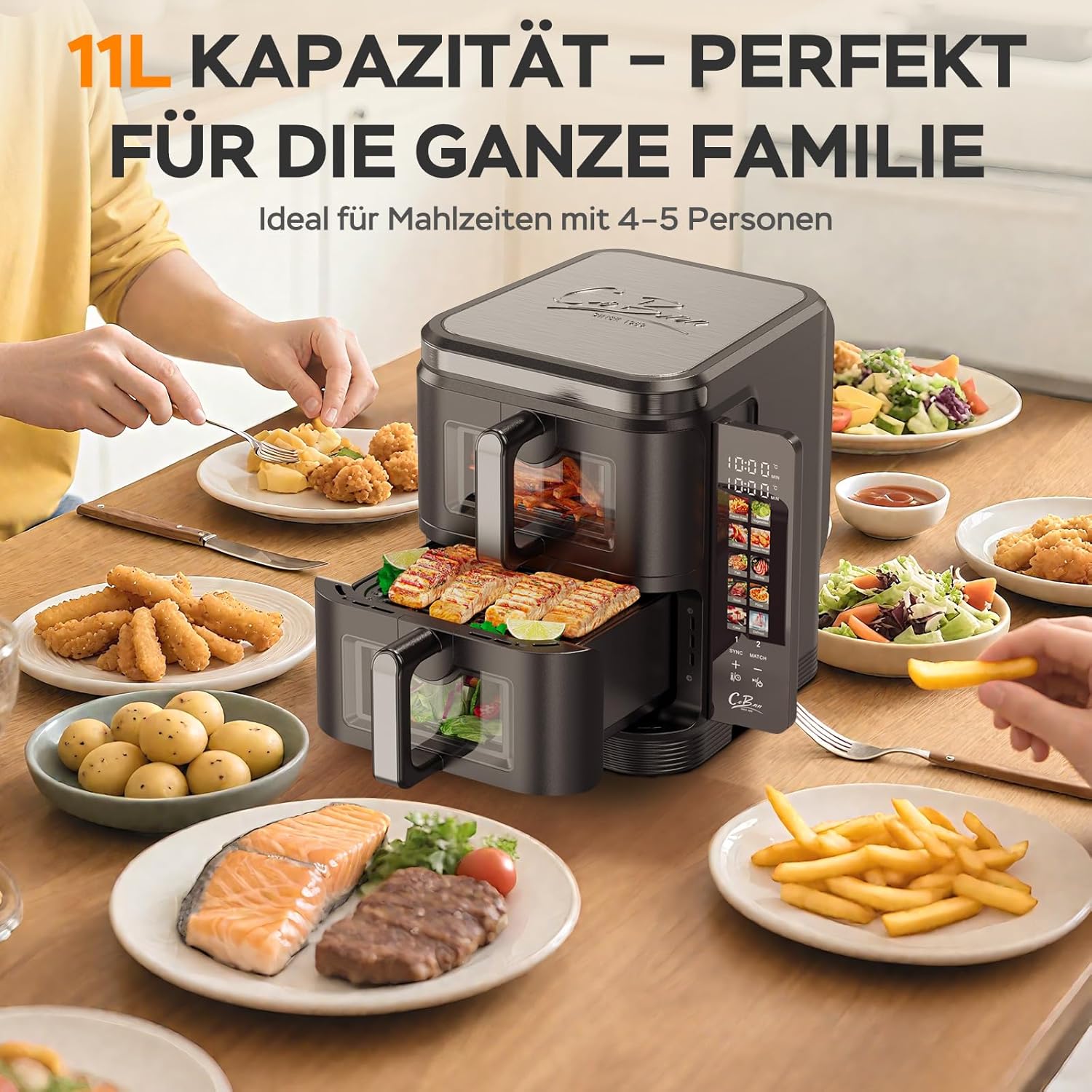 COBNN Friteuse à air verticale double compartiment, 11L Dual Zone Airfryer avec écran couleur pliable, 10 programmes, fenêtre de visualisation, matériau ignifuge V0, 2800W – Image 7
