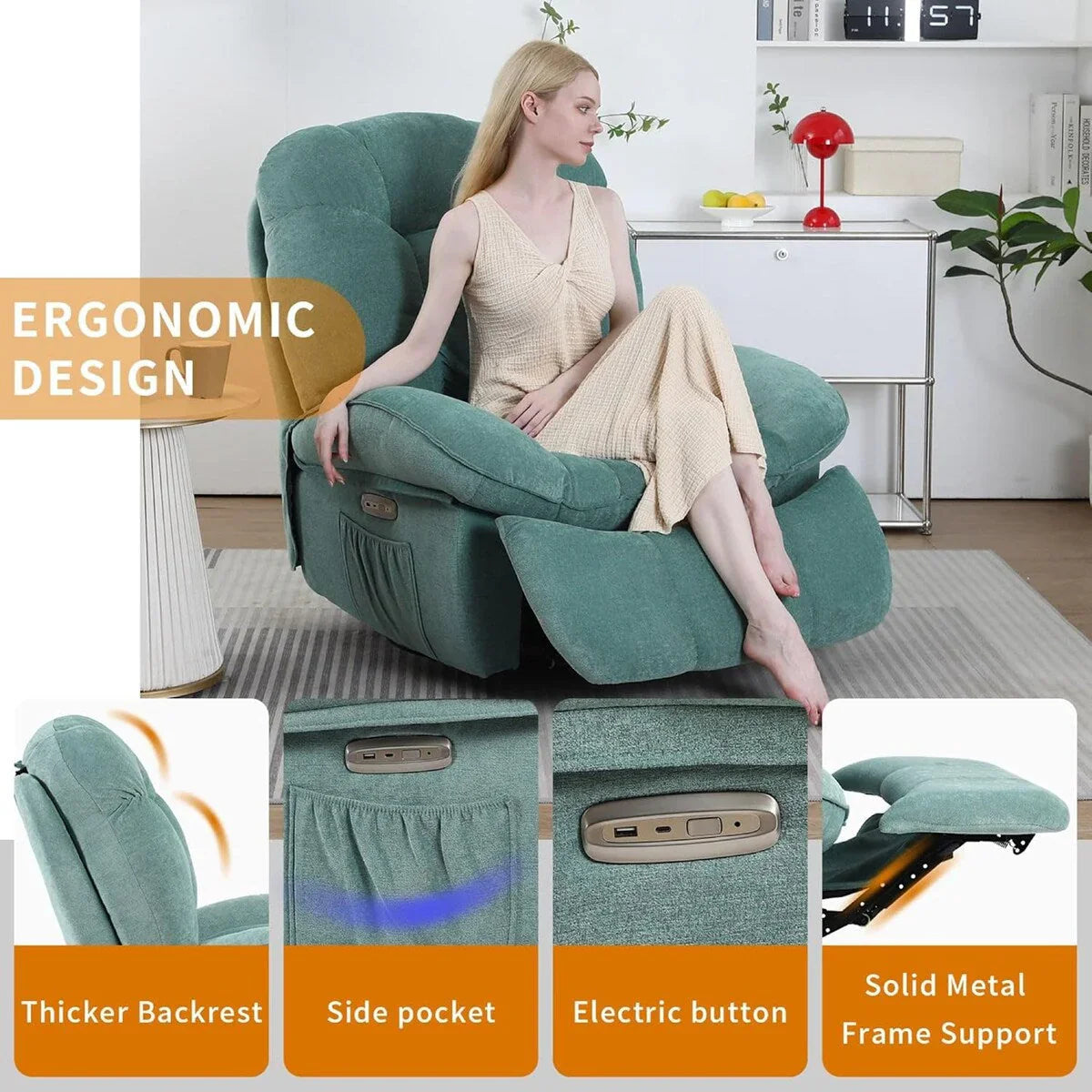 XINMICS Swivel Power Recliner Chair, Massage Rocker Recliners with Heated ,USB, USB-C and Side Pocket – Image 23