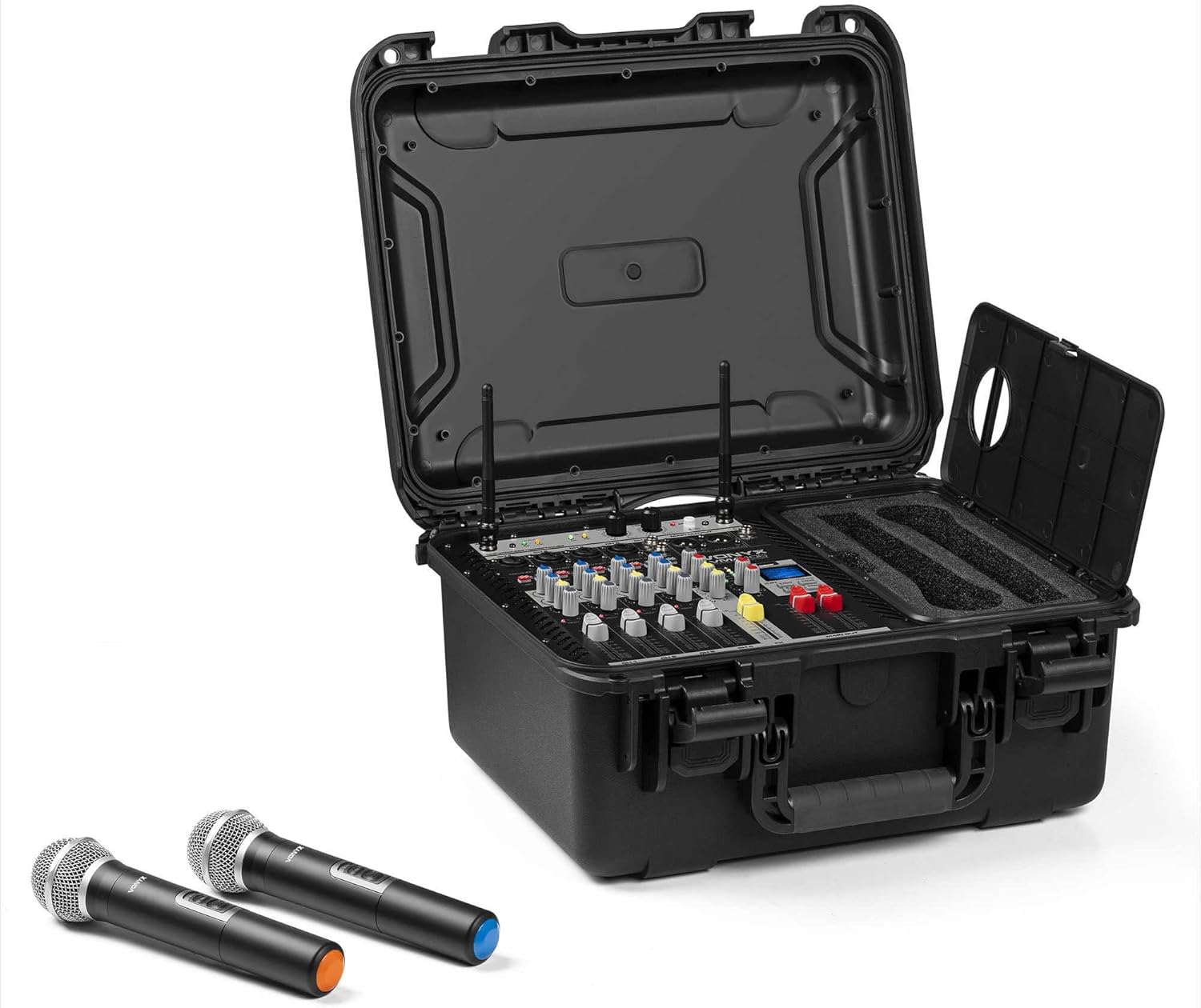 Pack Sono Complet avec Table de Mixage, 2 Enceintes Passives, Micros UHF, Câbles - 1600 Watts, Pied d'Enceines 110 à 175 cm, Bluetooth, MP3, Idéal pour Les DJ Mobiles, Groupes, Événements, Concerts – Image 3
