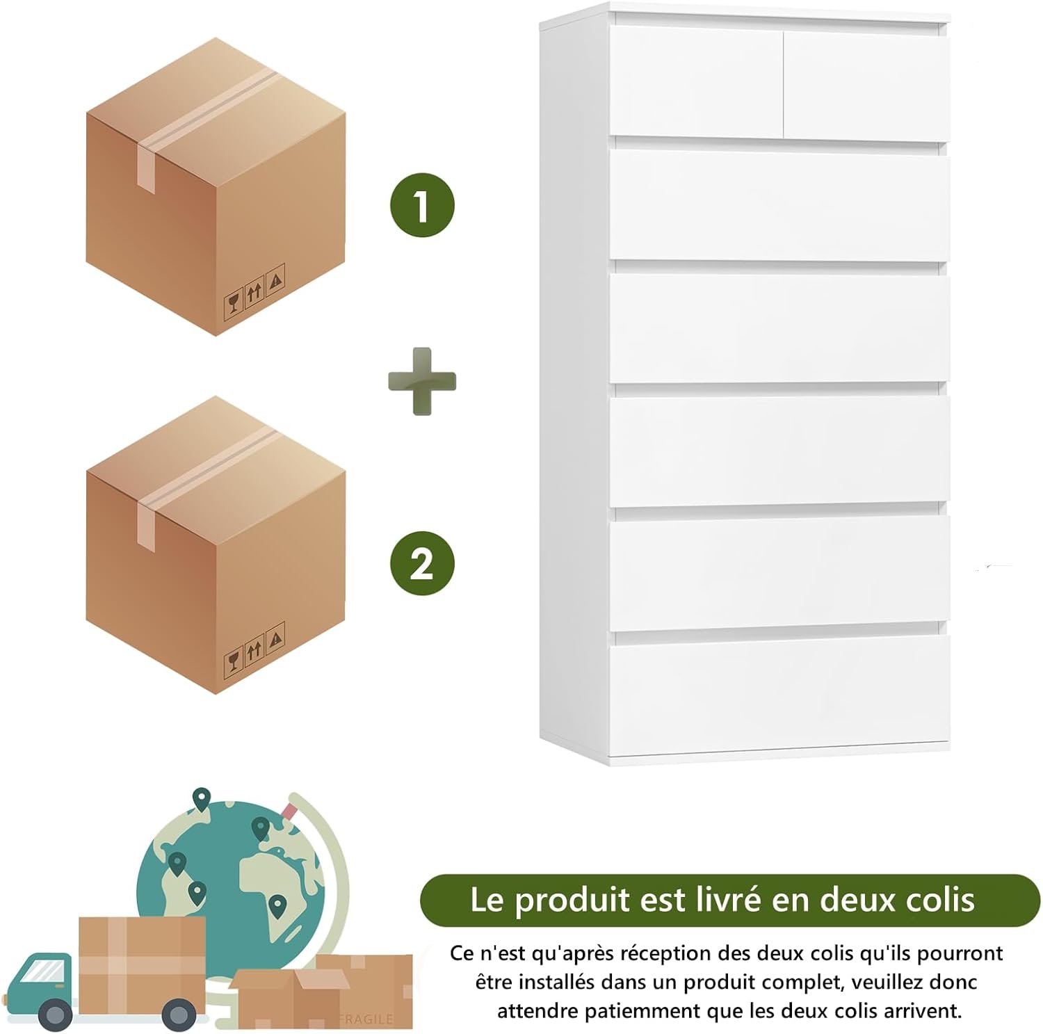 FOREHILL Commode 7 Tiroirs Commode Chambre Adulte Chiffonnier Haut Commodes Rangement Blanche Armoire à Tiroirs pour Salon Couloir en Bois 60x40x119cm – Image 8