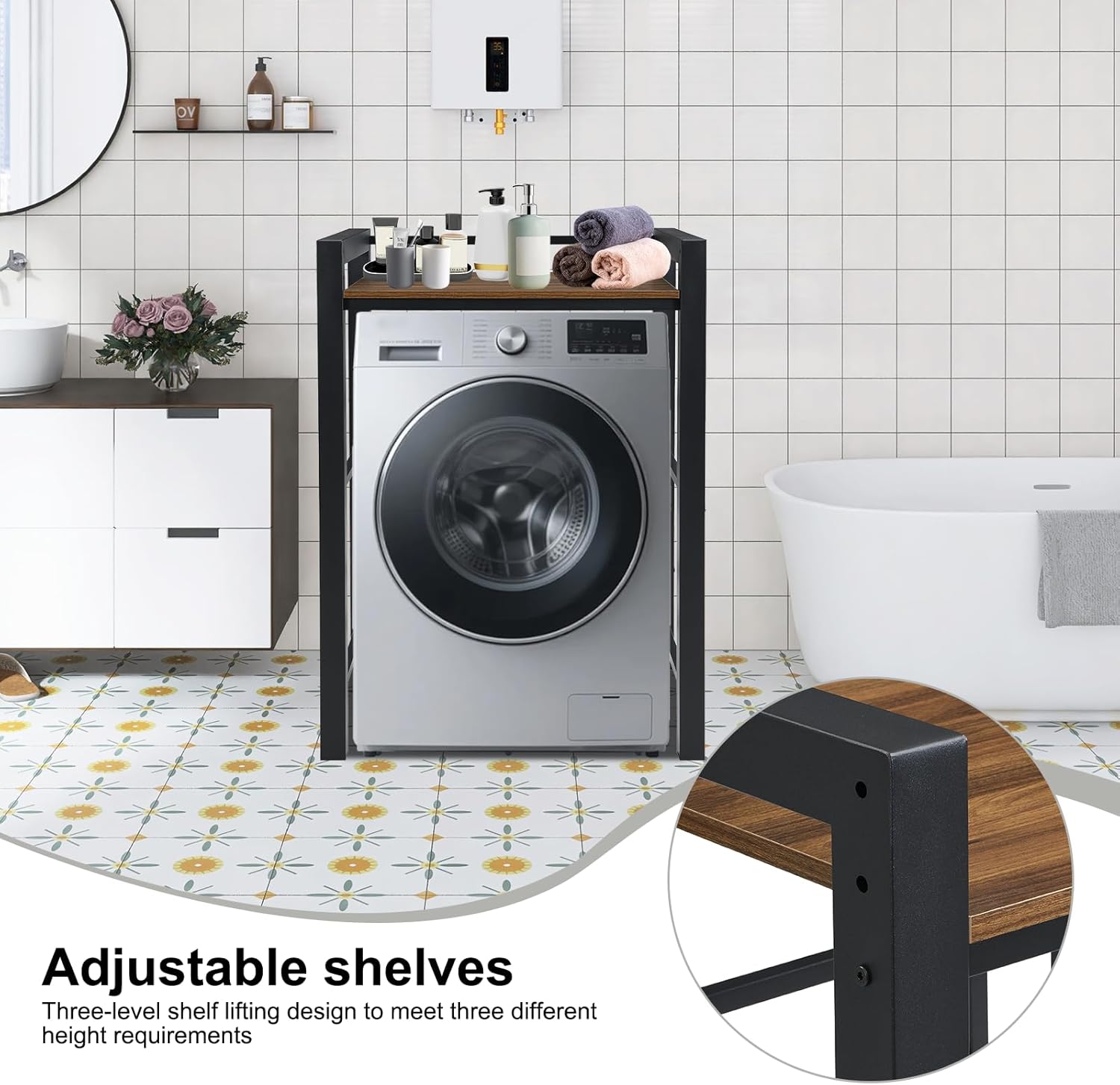 Washing Machine Support, Étagère Machine à Laver, Rangement Machine a Laver Avec 3 Hauteurs Réglables, Meuble de Rangement Machine a Laver et Sèche-Linge, Capacité de Charge de 350kg. (Noir) – Image 4