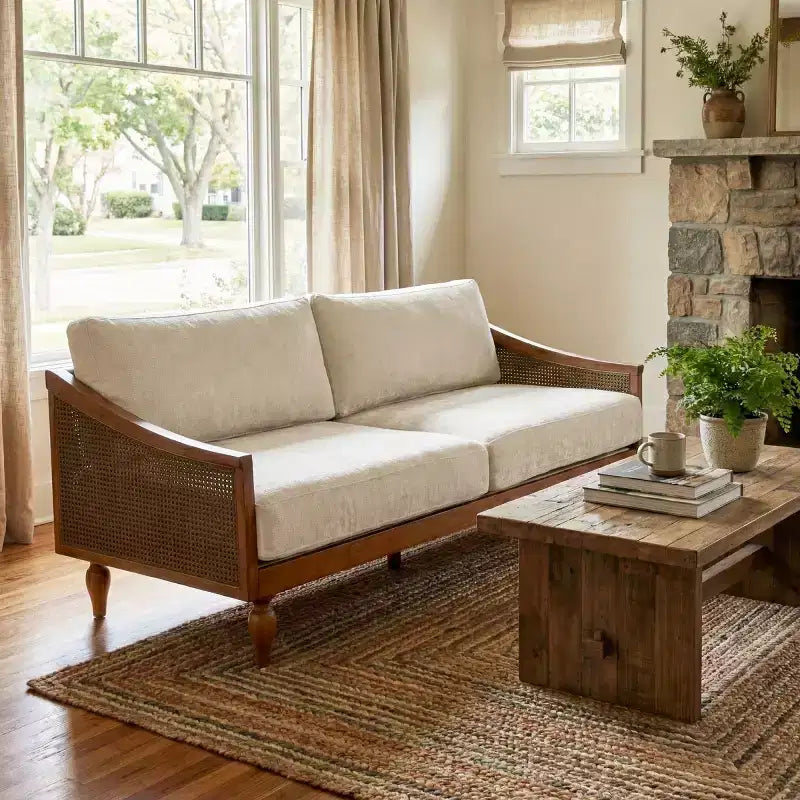 Mid-century Loveseat Sofa with Soft Upholstery, Rattan Armrests & Wooden Legs, 2-Seater Sofa for Living Room, Bedroom, or Apartment-Panipeachy – Image 4