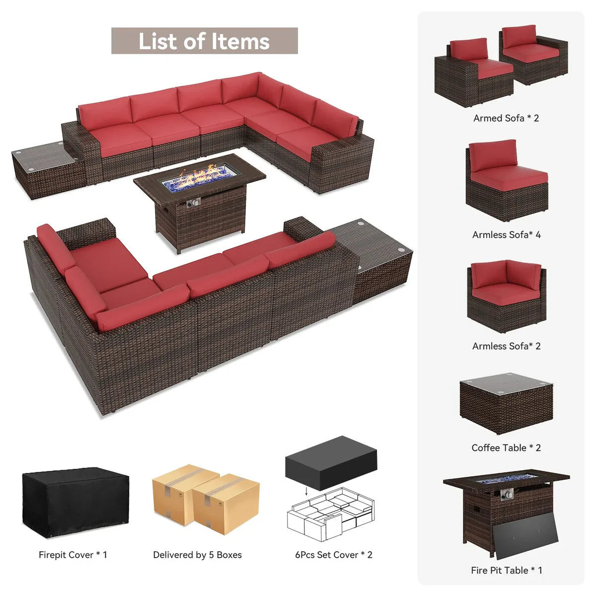 13 Pieces Patio Furniture Set with 44Fire Pit Table – Image 10