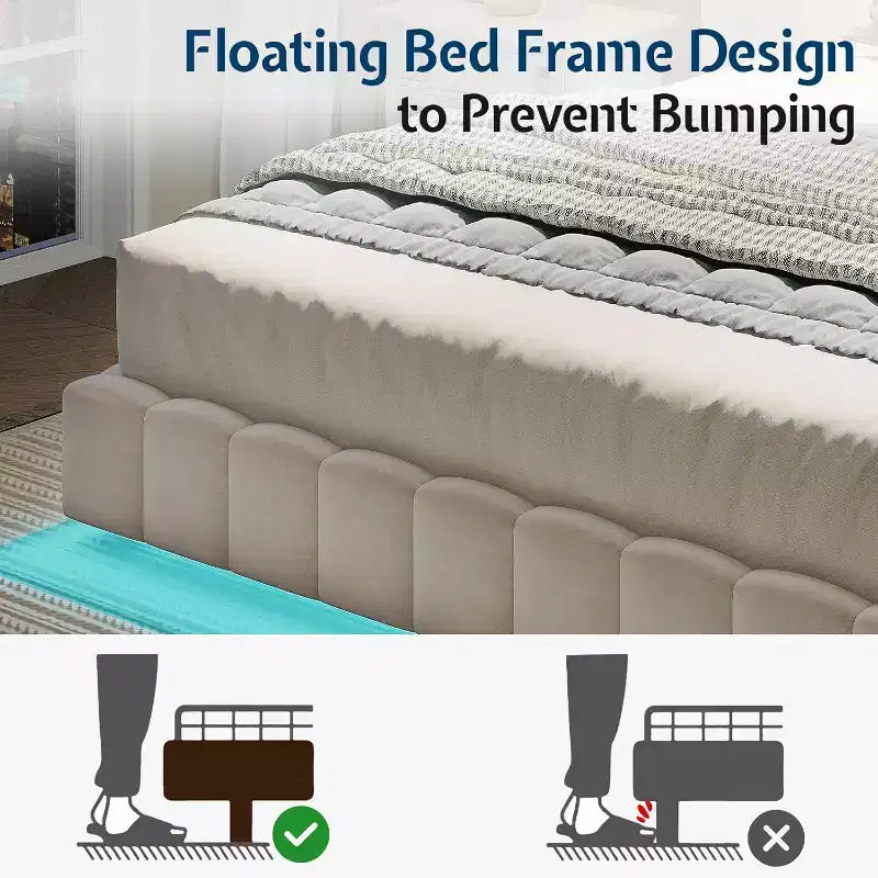 AMERLIFE Upholstered Platform Bed with LED Lights, Floating Design, Solid Slat Support – Image 6