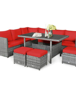 7 Pcs All-Weather Patio Rattan Dining Furniture Sectional Sofa Set with Wicker Ottoman and Cushed Couch