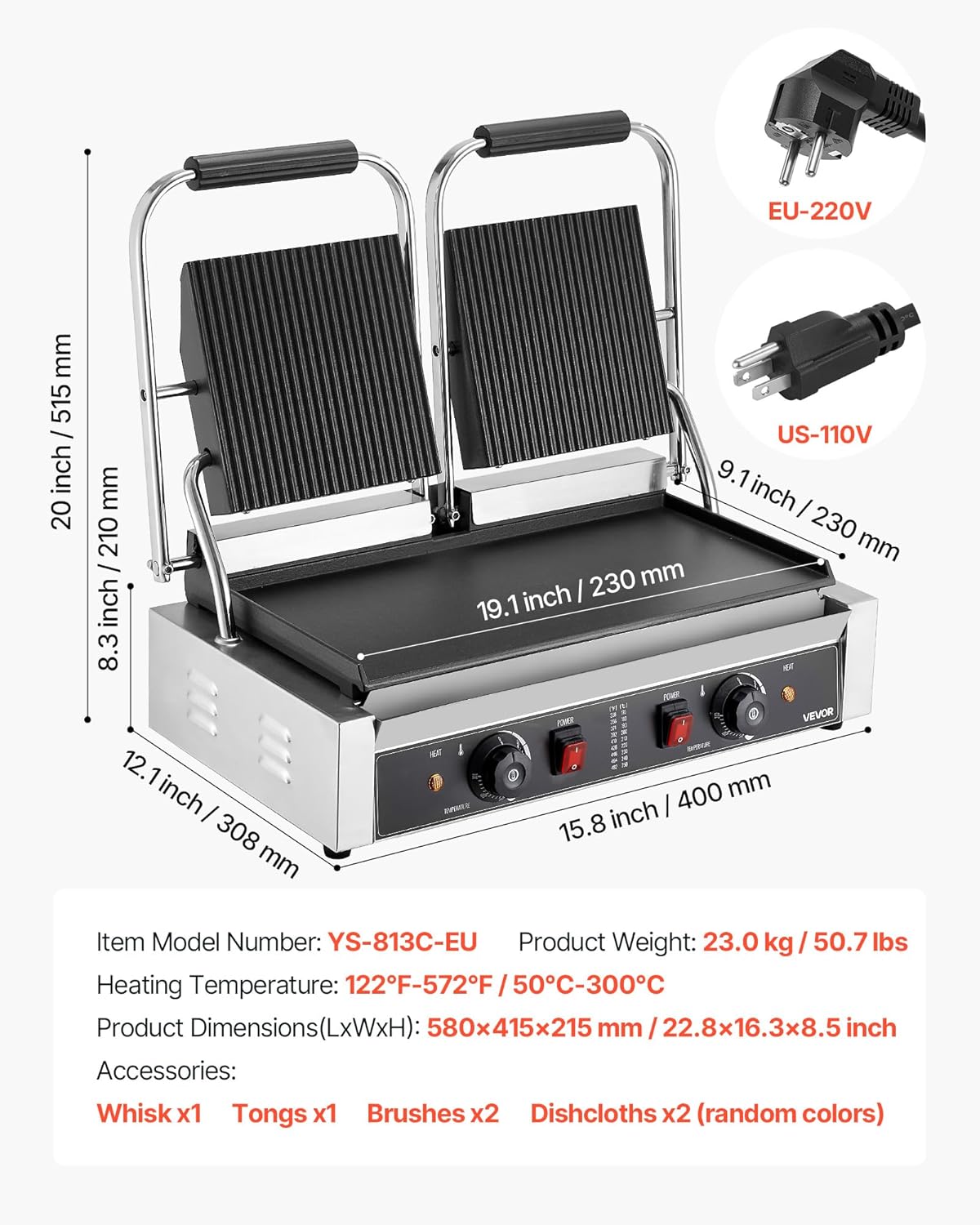 VEVOR Gril Panini Électrique de 3600 W, Double Presse à Panini avec Plaque de Cuisson Émaillée de 48,5x23 cm, Appareil à Sandwich en Inox, Contrôle de la Température, pour Hamburger, Steak, Cuisine – Image 7