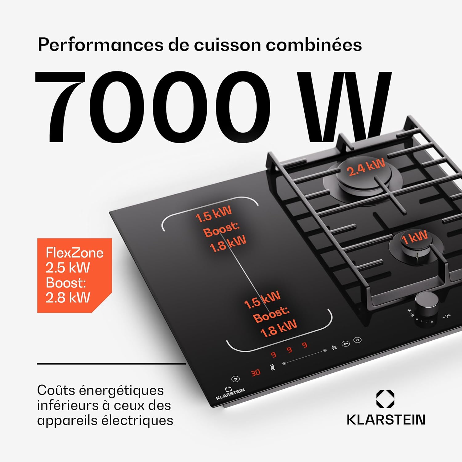Klarstein MultiChef 4 Plaque Induction Et Gaz - 4 Zones, 2 Gaz et 2 Induction, Flexzone, 7Kw, StopetGo, Minuterie, Supports En Fonte Noir, 58,5Cm – Image 3