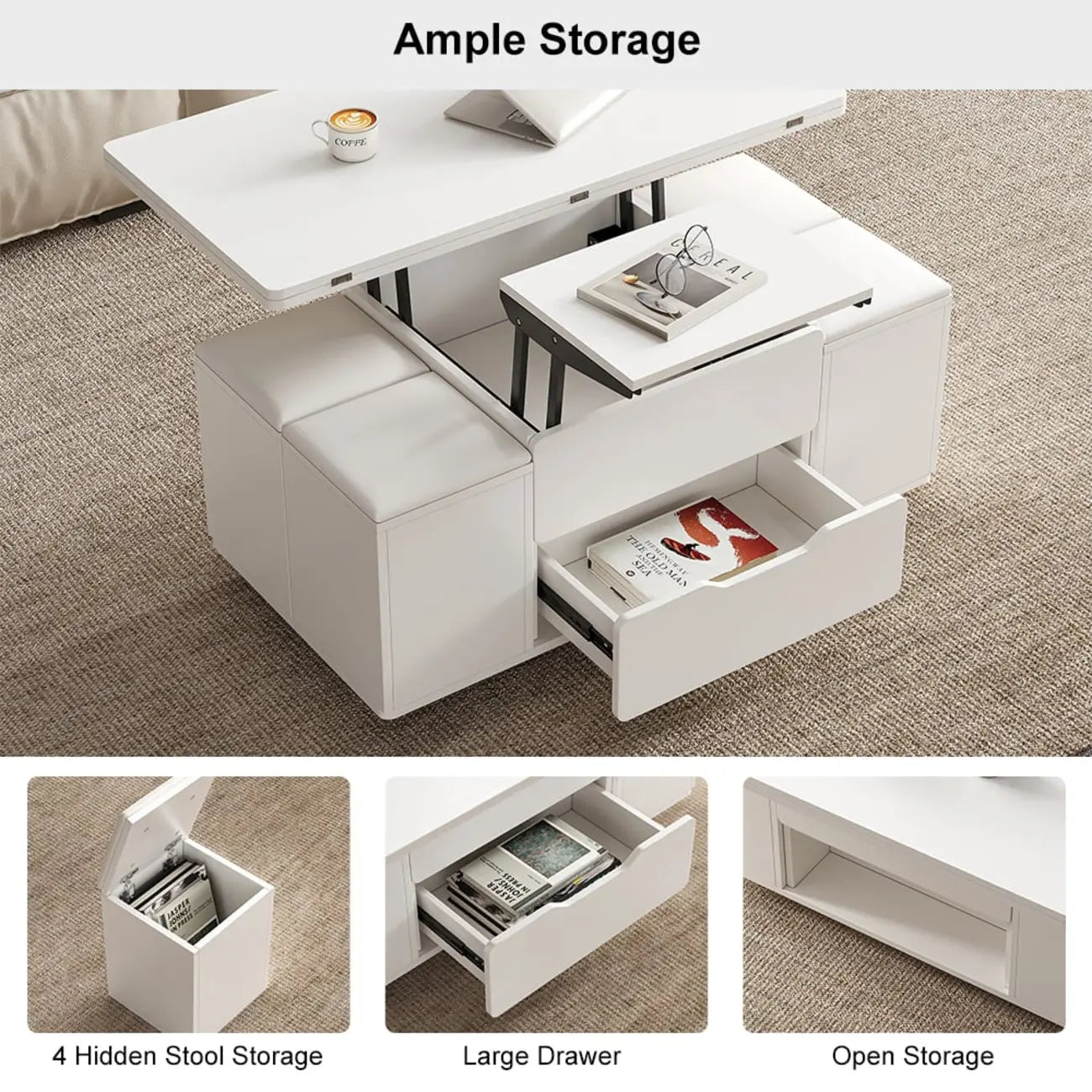 Foldable Lift-Top Coffee Table with 4 Stools & Storage – Image 19