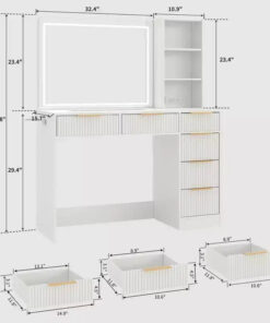 Alternative view of Large Fluted Vanity Desk w/ Lighted Mirror, Modern Makeup Vanity Table w/ 6 Storage Drawers & Hair Dryer Holder for Women Bedroom Dressing