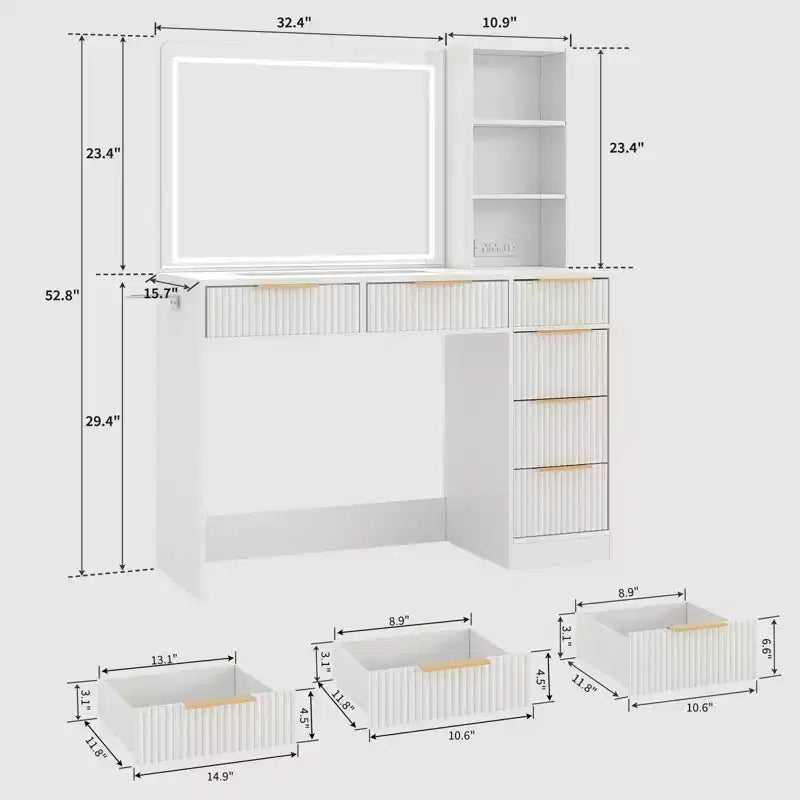 Large Fluted Vanity Desk w/ Lighted Mirror, Modern Makeup Vanity Table w/ 6 Storage Drawers & Hair Dryer Holder for Women Bedroom Dressing – Image 2