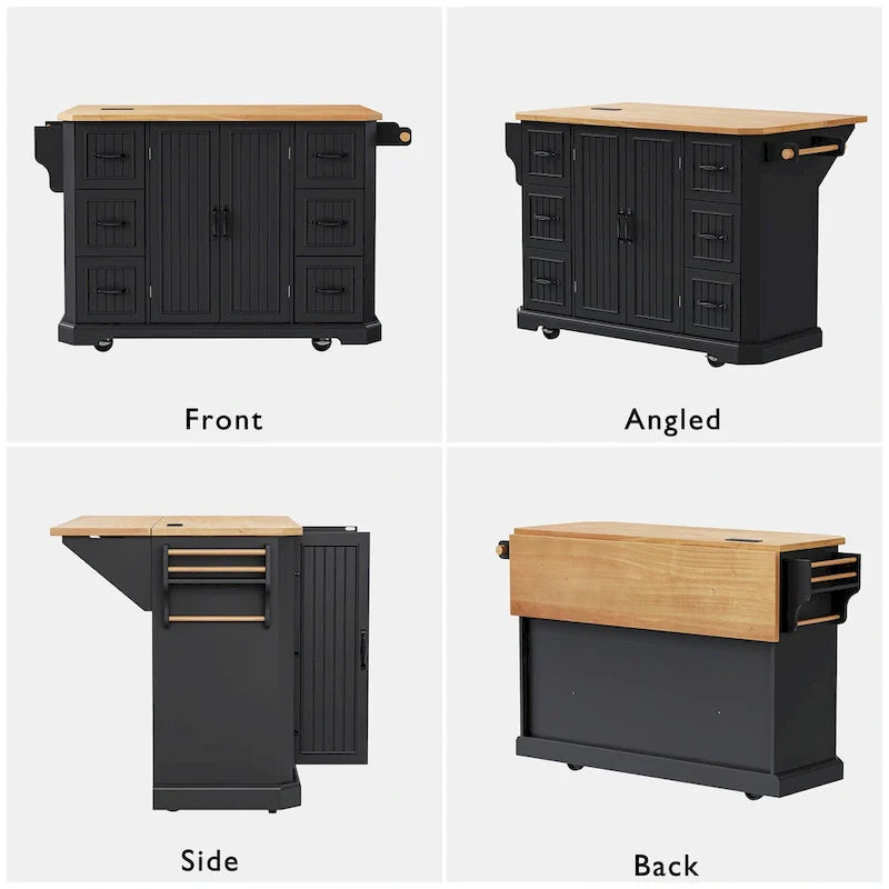 Expandable Drop-Leaf Kitchen Island, Kitchen Cart on 4 Wheels with Power Outlet, Moveable Island Table with 2 Door & 6 Drawers – Image 12
