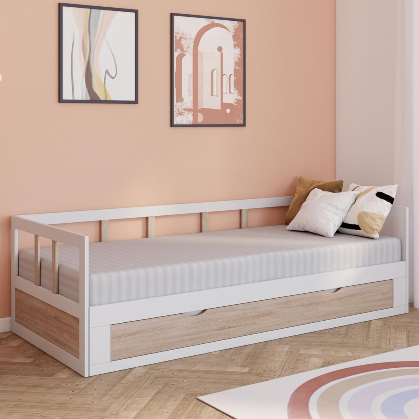 IDMarket - Lit Banquette 90 x 190 cm Zoya Convertible 180 x 190 cm Blanc et hêtre avec 1 tiroir de Rangement – Image 2
