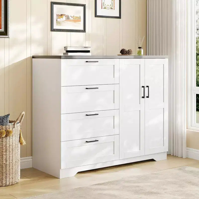 43.3'' H Multifunctional Wooden Dresser, 2 Door Wardrobe Armoire Closet with 4 Drawers and Hanging Rod, Wooden Dresser Cabinet for Bedroom – Image 12