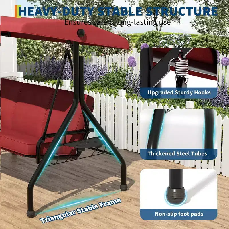 Coolmee 3 Seat Outdoor Porch Swing, 2-in-1 Patio Swing Chair with Thickened Removable Cushions, Weather Resistant Steel Frame for Backyard, Garden – Image 22