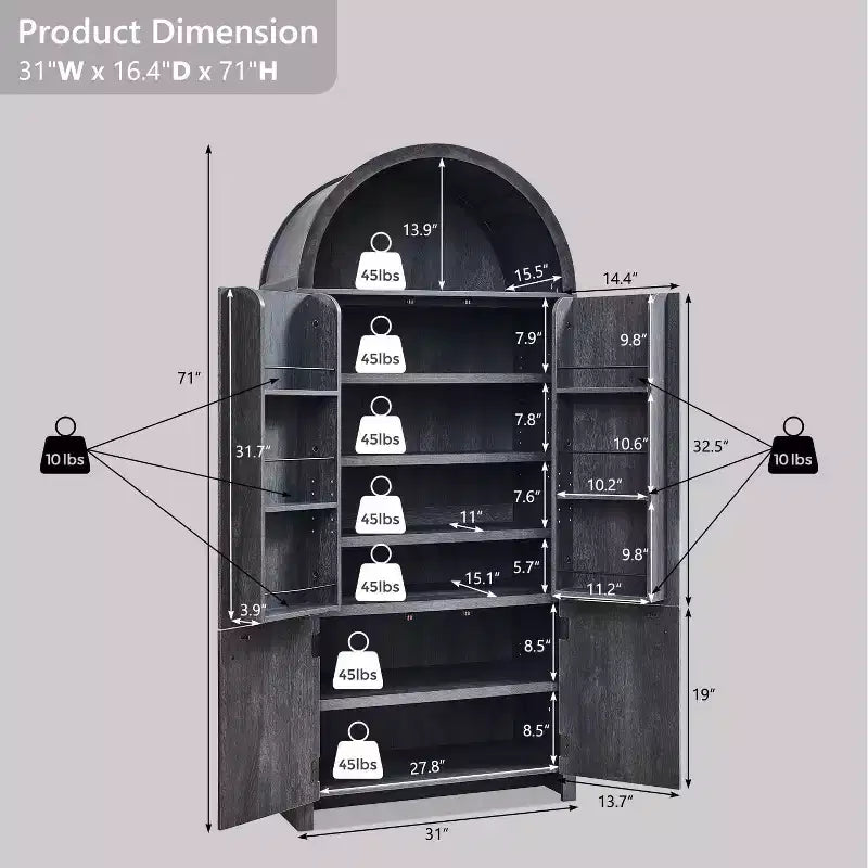 71 Tall Arched Kitchen Pantry, Modern Storage Cabinet with 3 Adjustable Shelves, 6 Door Shelves, for Kitchen, Living Room – Image 8