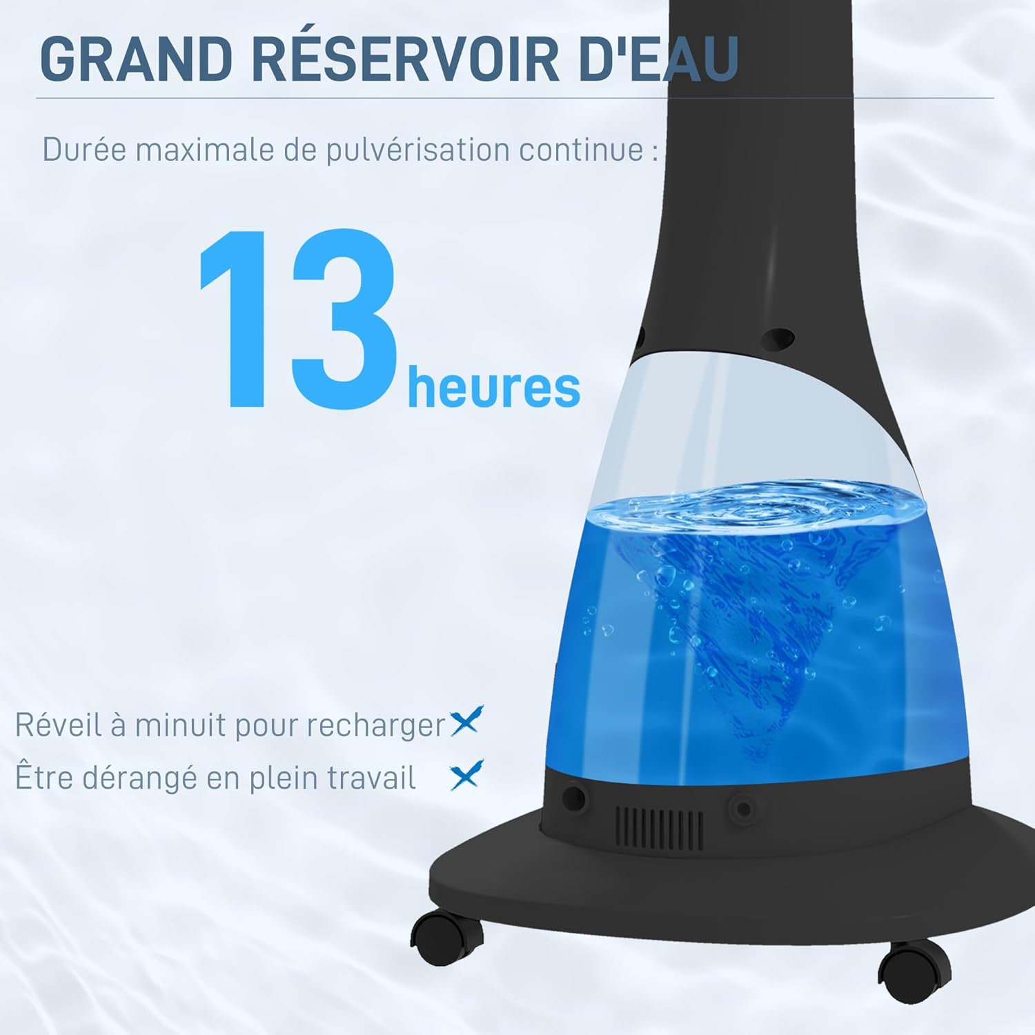 HOMCOM Ventilateur brumisateur sur roulettes ventilateur sur pied 90 W télécommande affichage LED télécommande minuterie 3 modes 3 vitesses oscillant, inclinable réservoir 3L - noir – Image 8
