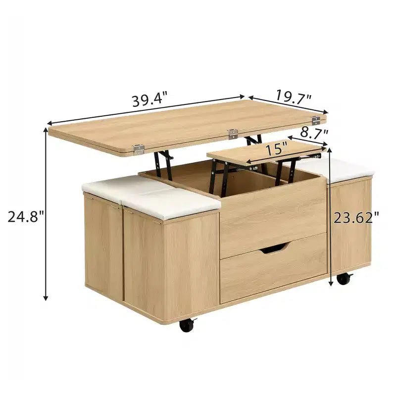 Zeus & Ruta Multi-Function Modern Lift-Top Coffee Table with Hidden Storage, 4 Stools and Casters, Perfect for Modern Living Spaces – Image 24