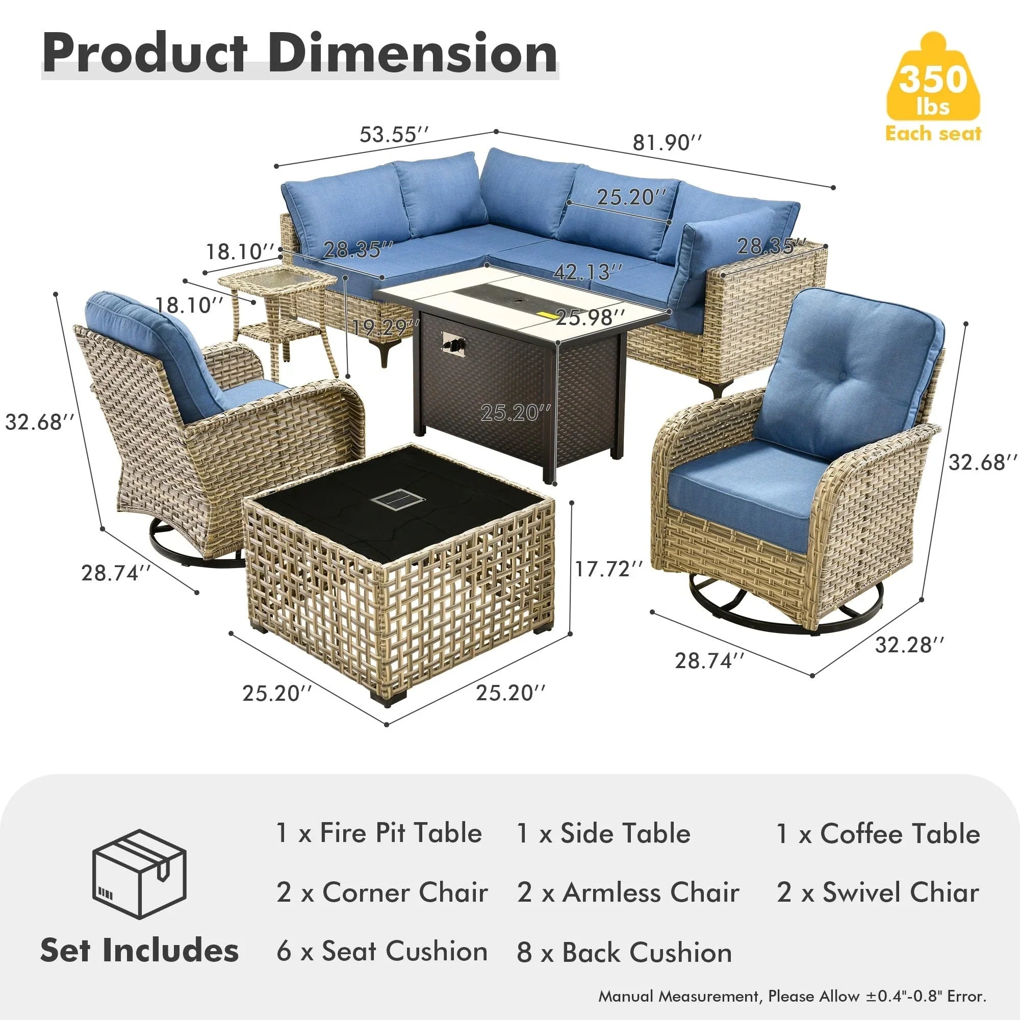 OVIOS 9 Pieces Outdoor Wicker Swivel Chair Set With Fire Table – Image 10