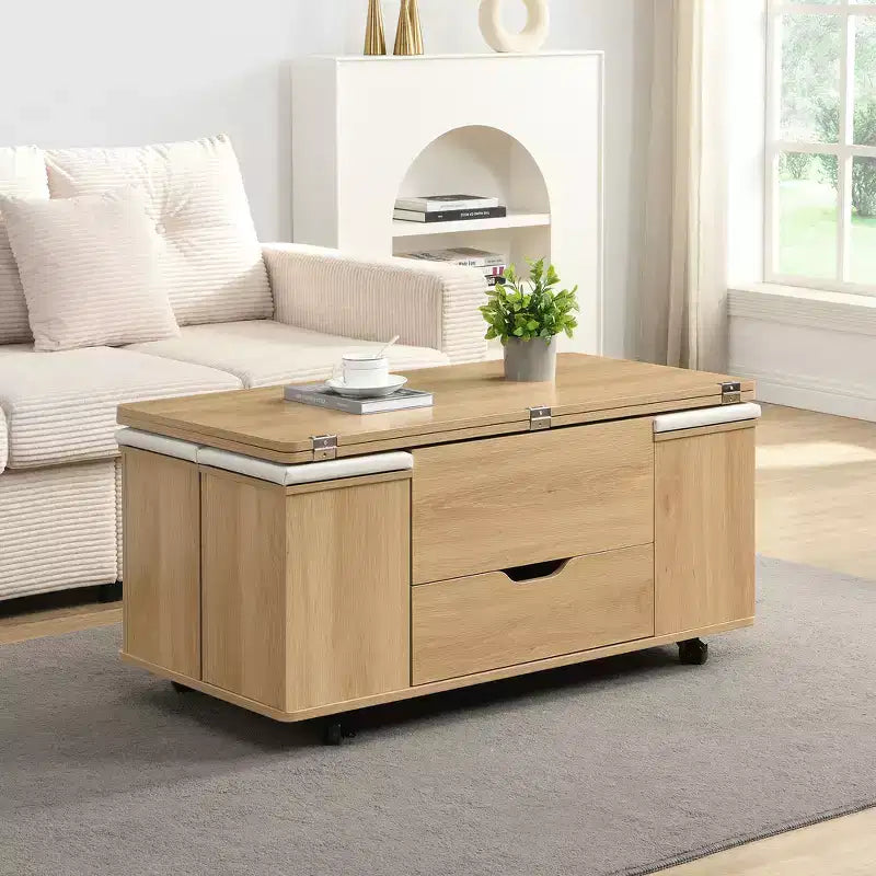 Zeus & Ruta Multi-Function Modern Lift-Top Coffee Table with Hidden Storage, 4 Stools and Casters, Perfect for Modern Living Spaces – Image 3