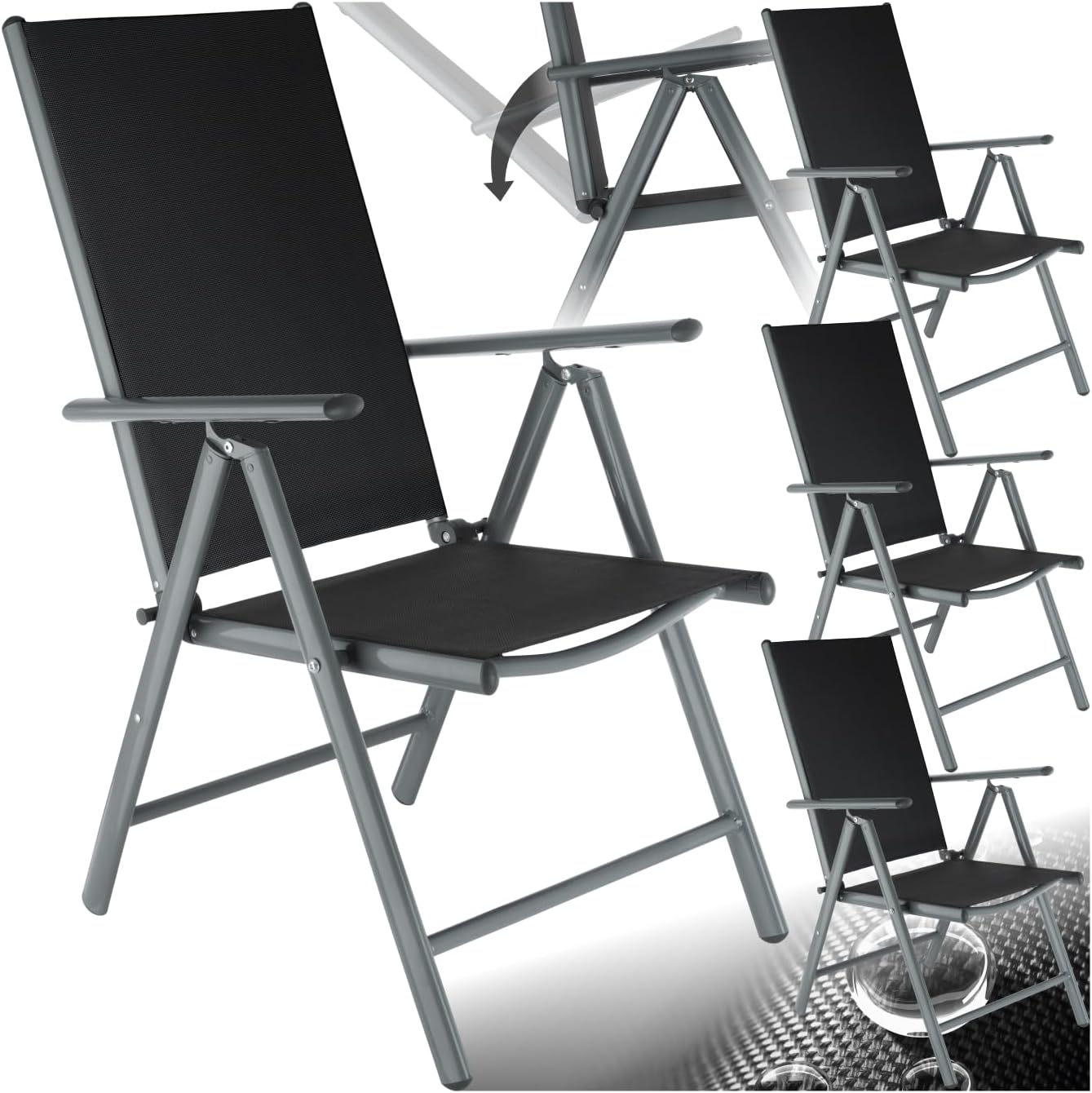 TecTake® Lot de 4 Chaises de Jardin Pliantes avec accoudoirs Chaises d´extérieur avec Cadre en Aluminium, Dossier Haut Réglable 7 Positions, Résistante intempéries, pour Salon de Jardin Exterieur