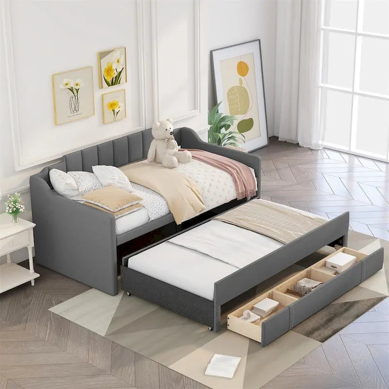 Twin Upholstered Daybed with Trundle and 3 Storage Drawers, Modern Guest Bed – Image 3