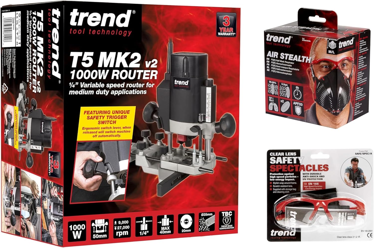 Trend T5 Ensemble Défonceuse et Sécurité, T5EK/MK2/EU Défonceuse à Plongée à Vitesse Variable 1000W, 8mm, 230V , Masque Anti-Poussière et Lunettes de Sécurité, T5/SAFE/SET/E – Image 10