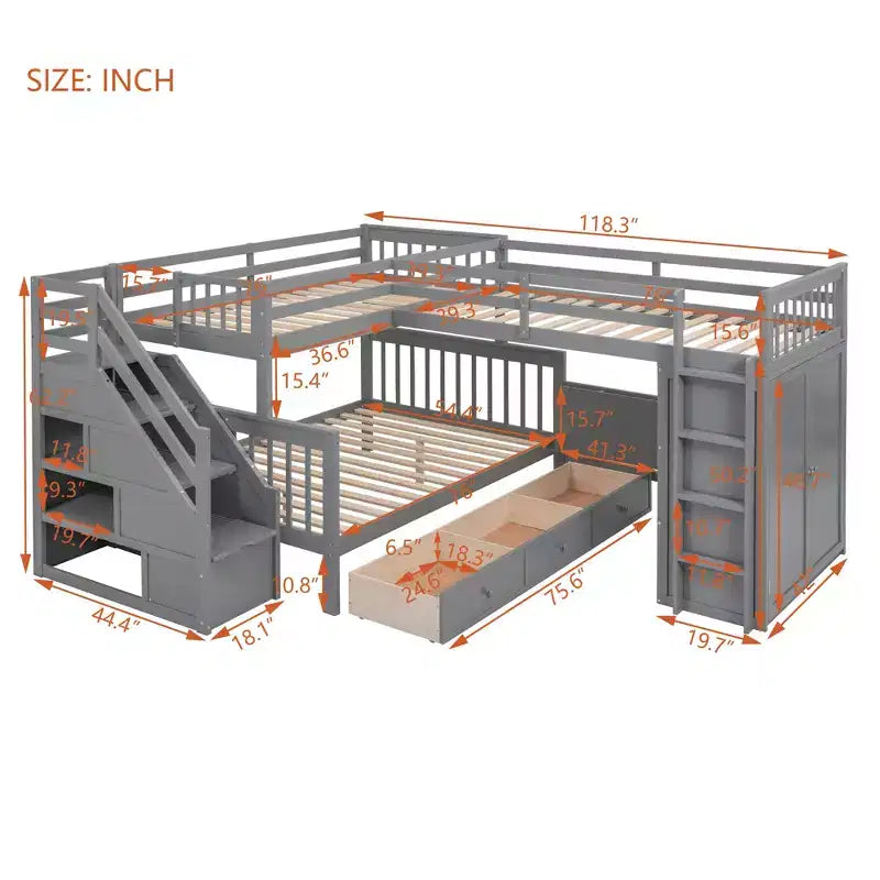 Whisen Modern Design Twin over Full L-Shaped Bunk Bed With 3 Drawers, Portable Desk and Wardrobe – Image 57