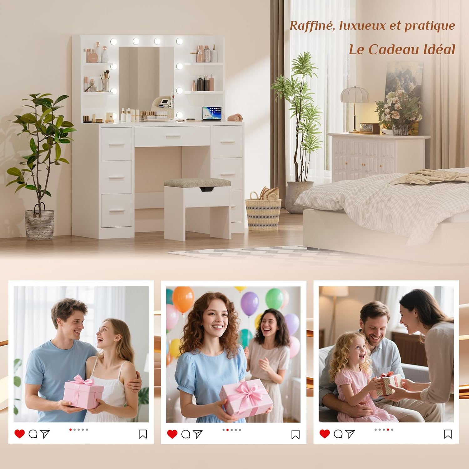 JUMMICO Coiffeuse avec Miroir et Prise, 10 Ampoules LED à 3 Modes de Lumière, Table de Maquillage avec Rangement, 7 Tiroirs, 4 Étagères, Support pour Sèche-Cheveux, Meuble Moderne de Chambre Blanc – Image 7