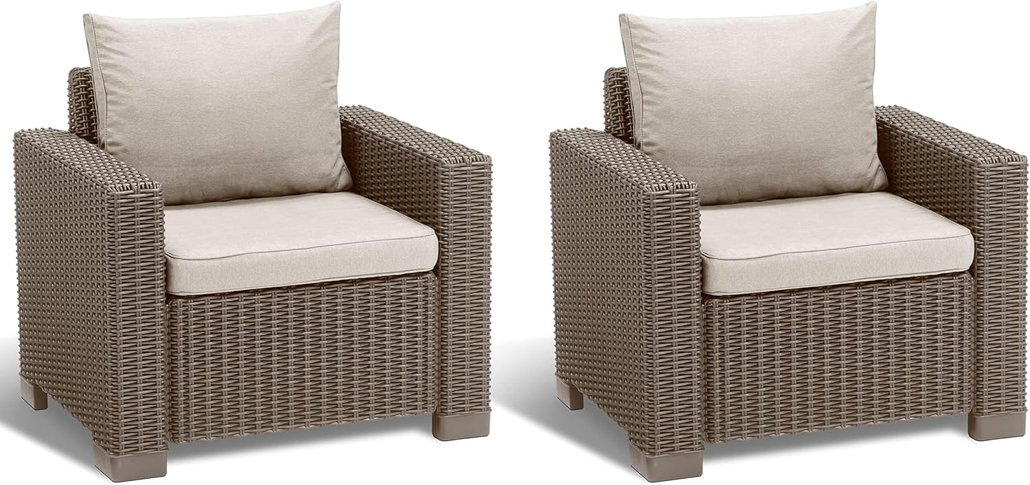 Allibert by Keter California Lot de 2 fauteuils Salon de Jardin avec Coussins d'assise et de Dossier, en Plastique, Aspect rotin, Couleur Cappuccino/Sable, 83 x 68 x 72 cm