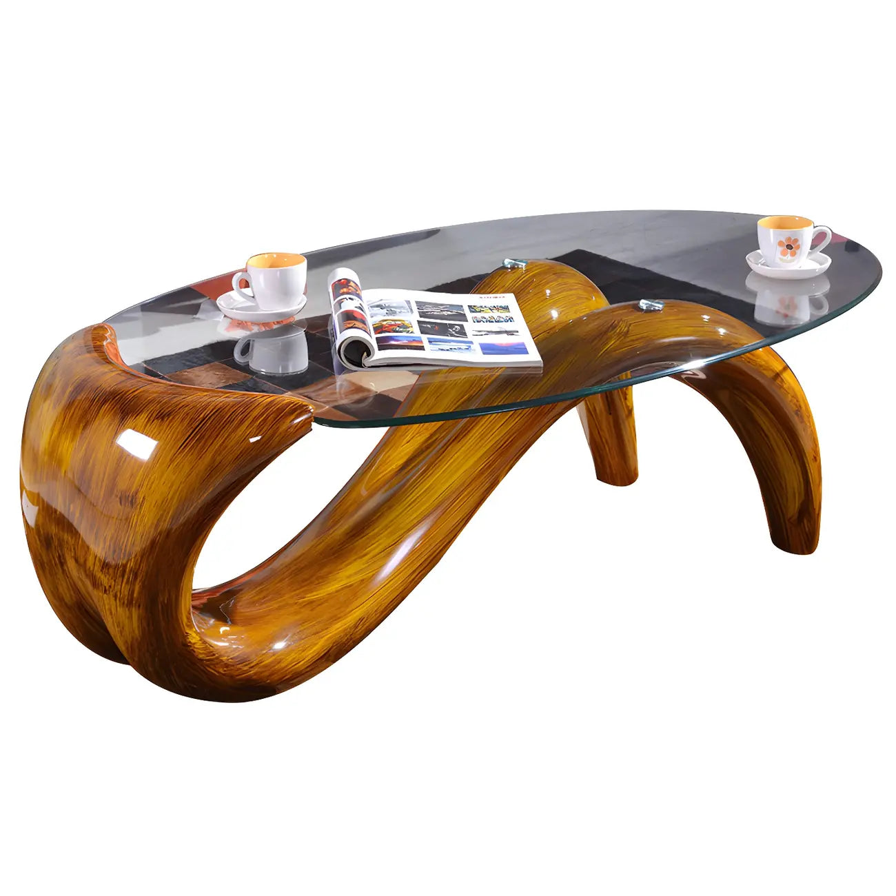 Abstract Modern Oval Glass Top Metal Base Coffee Table – Image 22