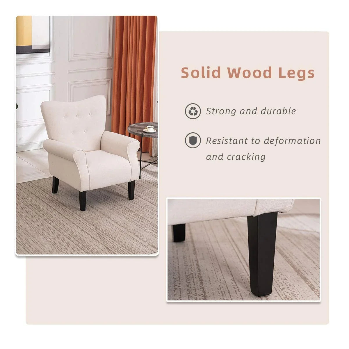 Erommy Modern Accent Chair, High Back Armchair, Upholstered Fabric Button Single Sofa with Wooden Legs for Living Room – Image 134