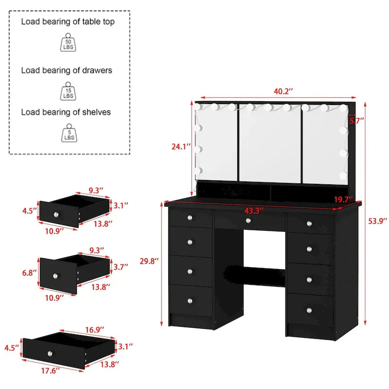 Luxurious LED Makeup Vanity with 9 Drawers Elegant Makeup Station – Image 18