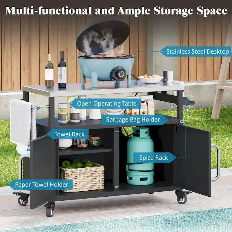 Outdoor Kitchen Island With Stainless Steel Tabletop,Metal Grill Cart Table With Storage Cabinet - N/A – Image 3