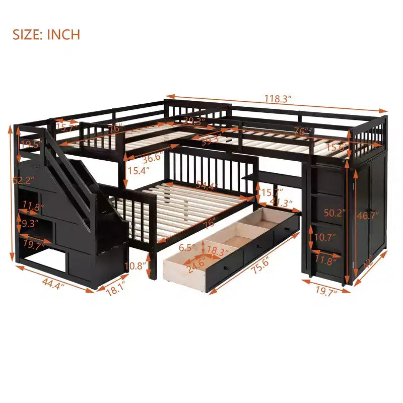 Whisen Modern Design Twin over Full L-Shaped Bunk Bed With 3 Drawers, Portable Desk and Wardrobe – Image 26