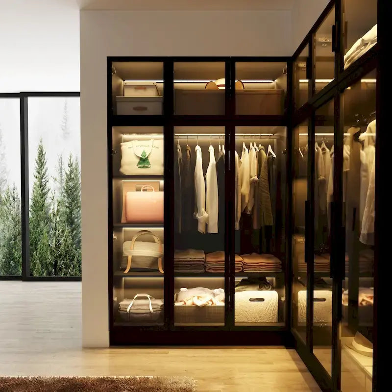 47.2 Wide Armoire LED Light All Glass Door Closet Cabinet Wardrobe – Image 15