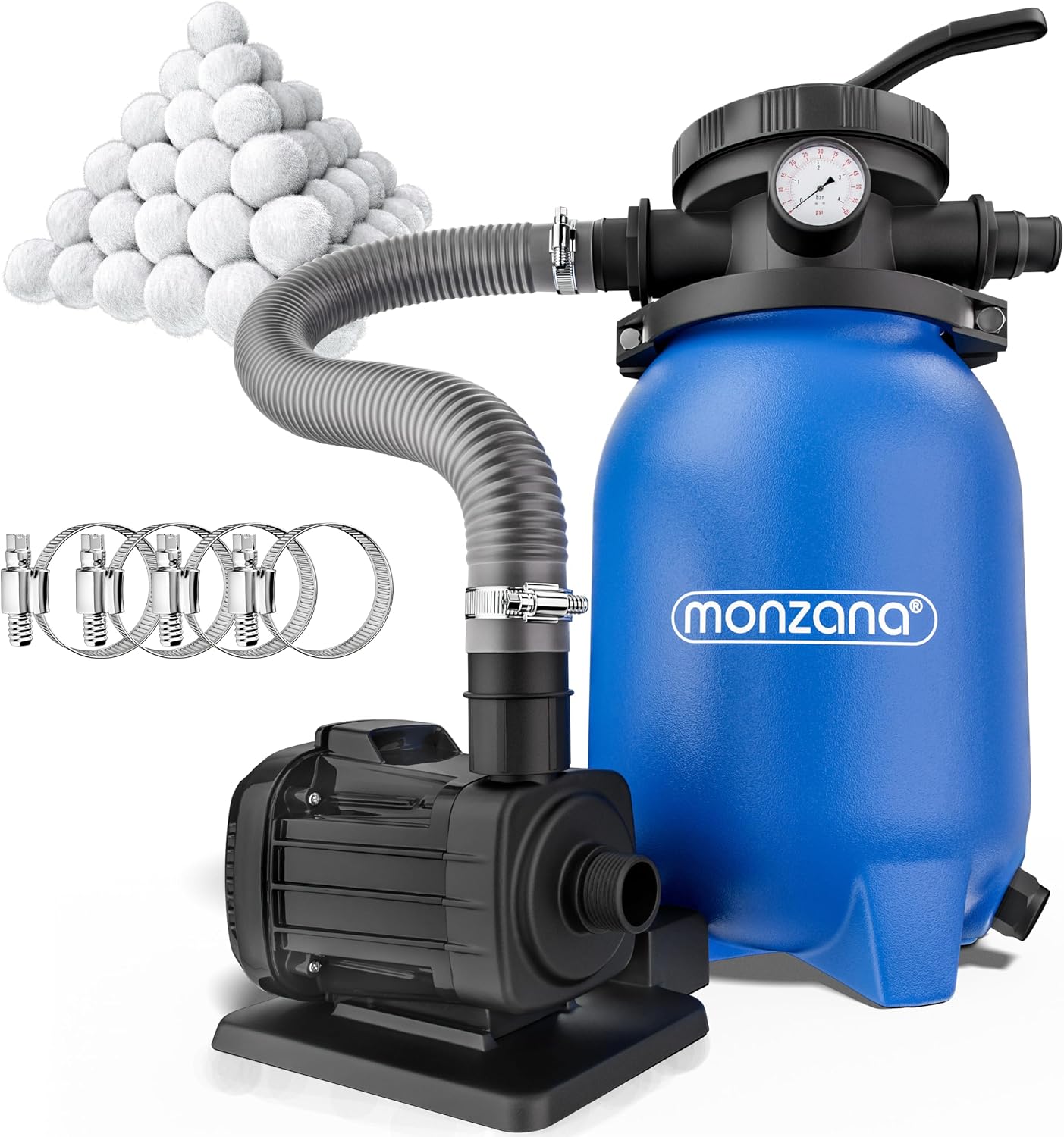 MONZANA® Pompe filtre à sable 5 m³ auto-amorçante pour piscines jusqu'à 15 m³ boules vanne 7 voies raccord 2en1 Ø32-38mm système de filtration à sable