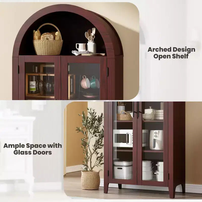 Tall Arched Storage Cabinet with Glass Doors, 5-Tier Display Bookcase with Adjustable Shelves for Kitchen or Living Room – Image 12