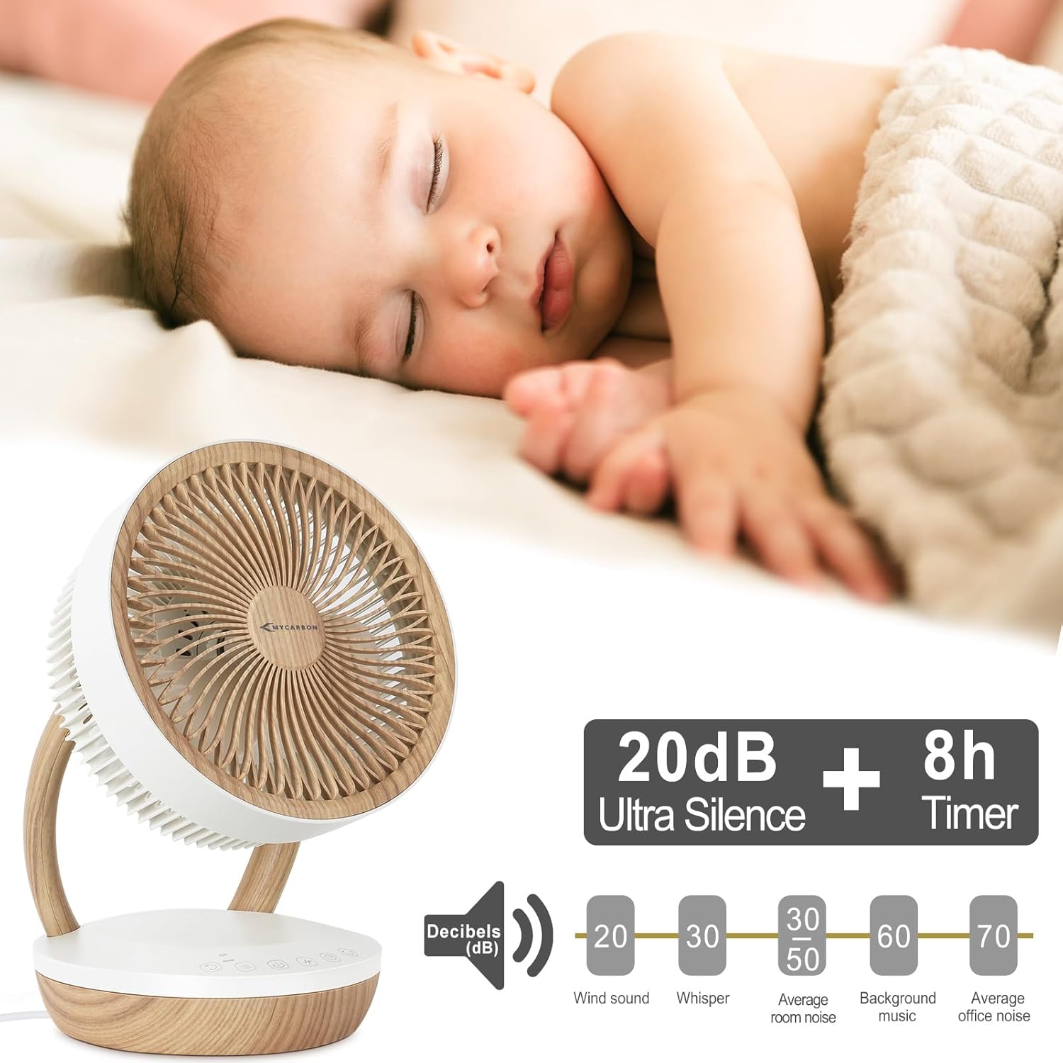 MYCARBON DC Ventilateur Ultra Silencieux 20dB avec Télécommande 1800m³/ h Ventilateur de Table Puissant et Silencieux 8 Vitesses 8h Minuterie 3D Oscillation Mode ECO pour Chambre Bureau, FS05-DC – Image 2