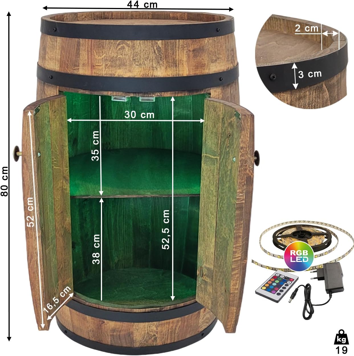 weeco Tonneau en Bois avec LED RGB et Deux Étagères – Mini Bar avec Portes – Couleur Wenge, Brun Foncé – Dimensions 80x50cm – Image 3